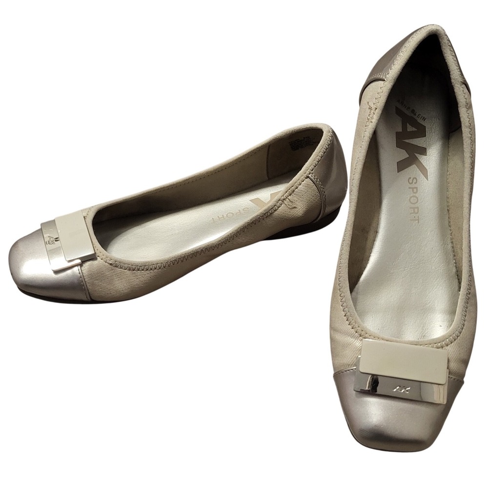 Anne Klein Sport AK Akuna Champagne Gold Beige Square Toe Flats Low Wedge 8.5